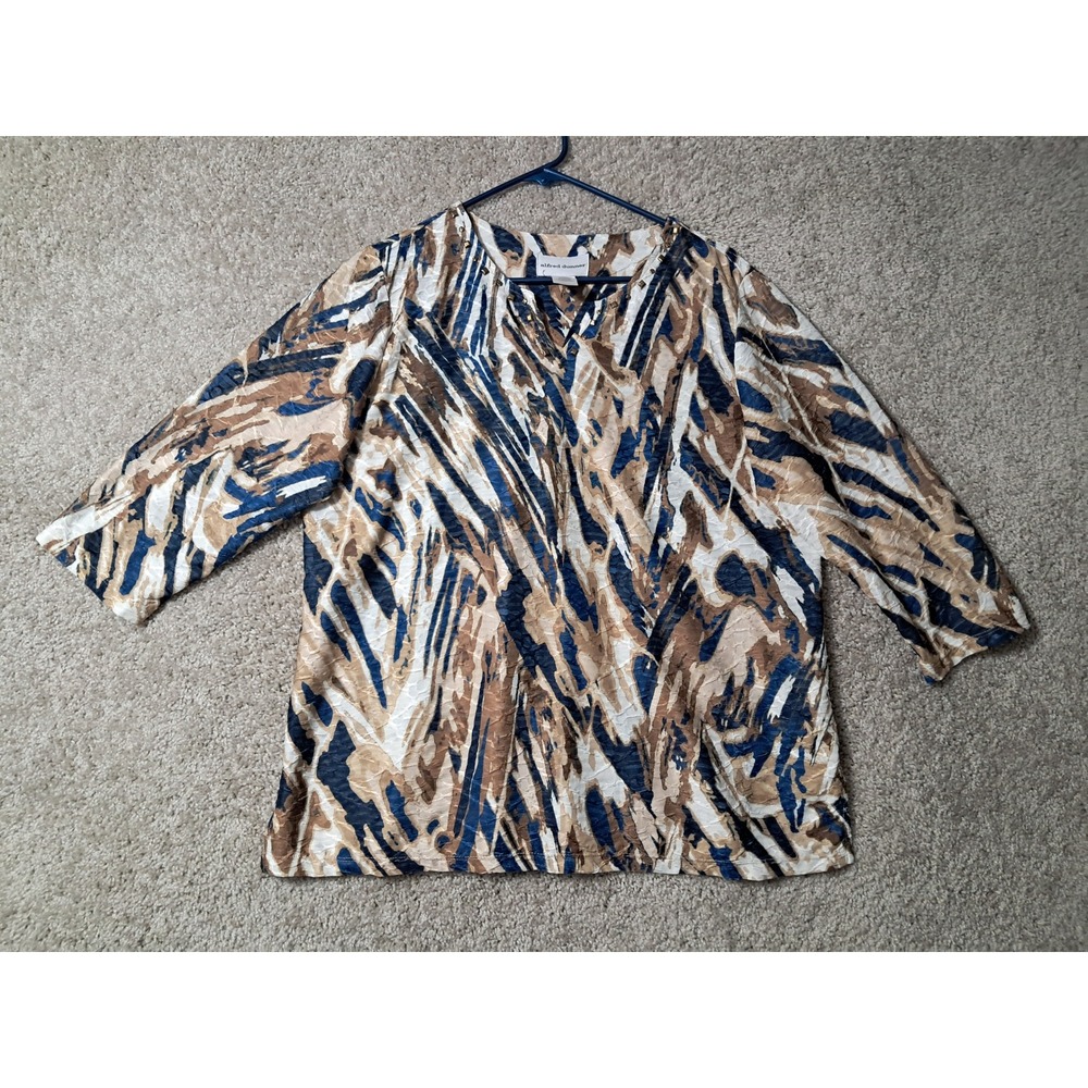 Alfred Dunner Top Womens Medium Blue Tan Abstract Studded V-Neck 3/4 Blouse